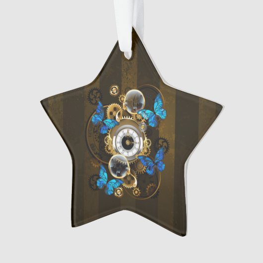 Stoomstijl tandwielen en blauwe vlinders ornament (voorkant)