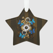 Stoomstijl tandwielen en blauwe vlinders ornament (voorkant)
