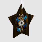 Stoomstijl tandwielen en blauwe vlinders ornament (voorkant)