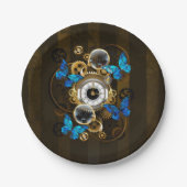 Stoomstijl tandwielen en blauwe vlinders papieren bordje (Voorkant)