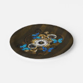 Stoomstijl tandwielen en blauwe vlinders papieren bordje (Gekanteld)