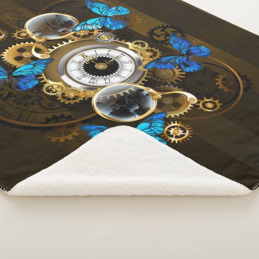 Stoomstijl tandwielen en blauwe vlinders sherpa deken (3/4)