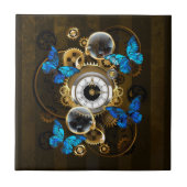 Stoomstijl tandwielen en blauwe vlinders tegeltje (Voorkant)