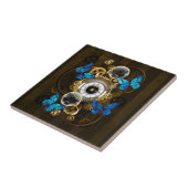 Stoomstijl tandwielen en blauwe vlinders tegeltje (Zijkant)