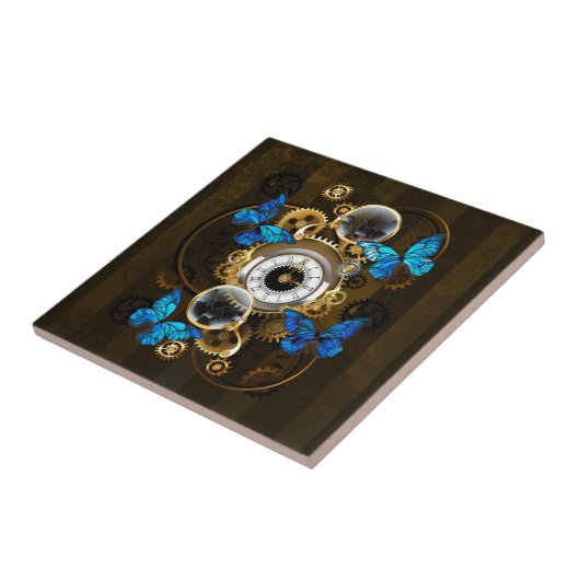 Stoomstijl tandwielen en blauwe vlinders tegeltje (Zijkant)