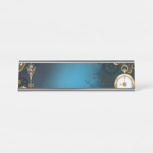Stoomstijl turquoise Achtergrond met Tandwielen Bureau Naambordje