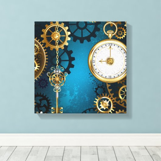 Stoomstijl turquoise Achtergrond met Tandwielen Canvas Afdruk (Insitu (Houten vloer))