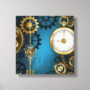 Stoomstijl turquoise Achtergrond met Tandwielen Canvas Afdruk
