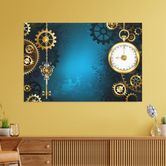 Stoomstijl turquoise Achtergrond met Tandwielen Canvas Afdruk (Insitu (Woonkamer))