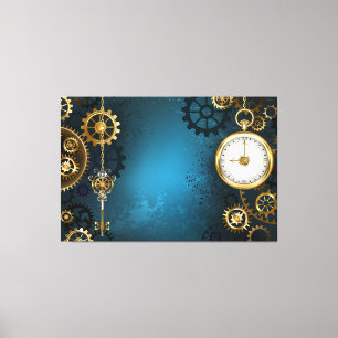 Stoomstijl turquoise Achtergrond met Tandwielen Canvas Afdruk