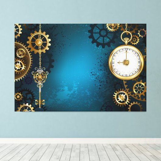 Stoomstijl turquoise Achtergrond met Tandwielen Canvas Afdruk (Insitu (Houten vloer))