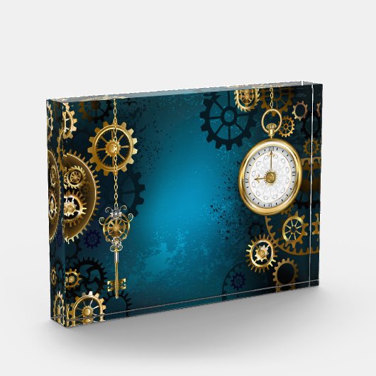 Stoomstijl turquoise Achtergrond met Tandwielen Fotoblokken (Links)