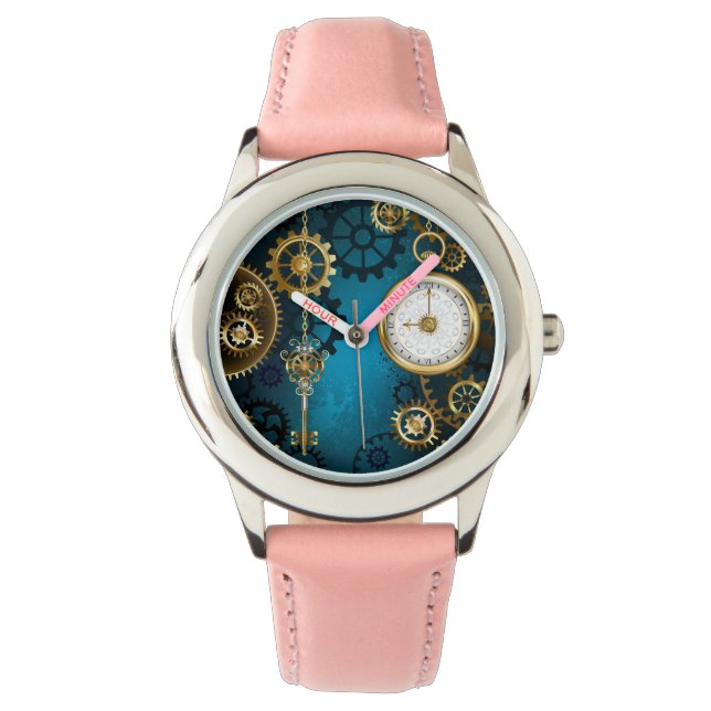 Stoomstijl turquoise Achtergrond met Tandwielen Horloge (Voorkant)