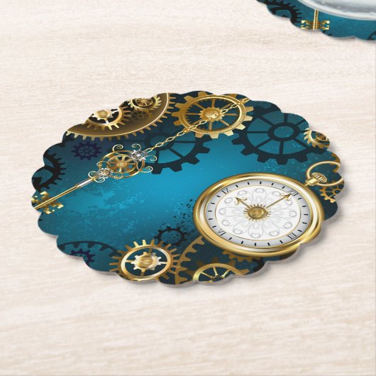 Stoomstijl turquoise Achtergrond met Tandwielen Kartonnen Onderzetters (Gekanteld)