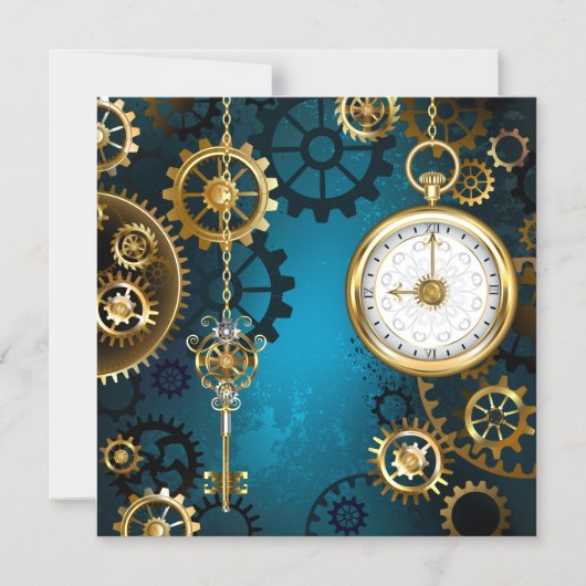 Stoomstijl turquoise Achtergrond met Tandwielen Magnetische Uitnodiging (Voorkant)