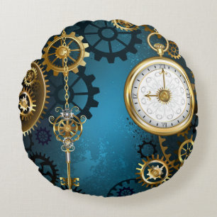 Stoomstijl turquoise Achtergrond met Tandwielen Rond Kussen
