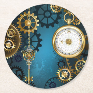 Stoomstijl turquoise Achtergrond met Tandwielen Ronde Kartonnen Onderzetter