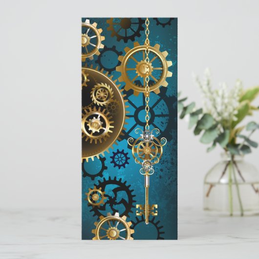 Stoomstijl turquoise Achtergrond met Tandwielen Save The Date (Staand voorkant)