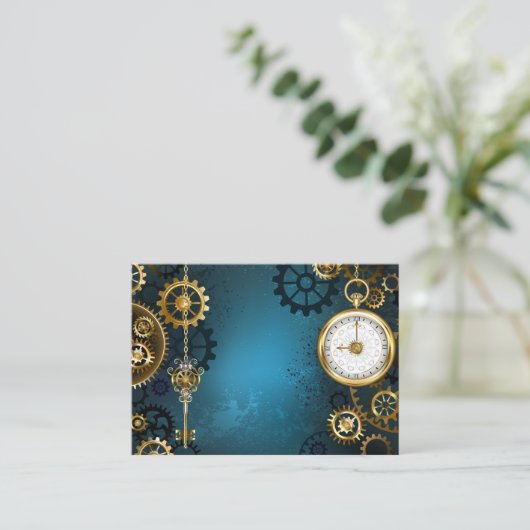 Stoomstijl turquoise Achtergrond met Tandwielen Visitekaartje (Staand voorkant)