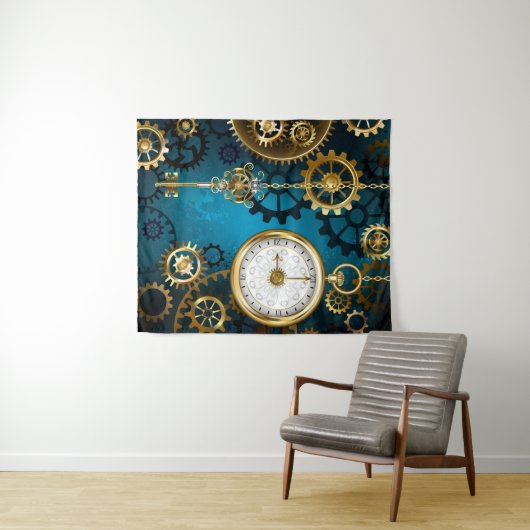 Stoomstijl turquoise Achtergrond met Tandwielen Wandkleed (In Situ (horizontaal))