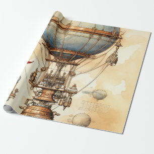 Stoomstijl Wereldbol Luchtballon Blauwdruk Blauw M Cadeaupapier