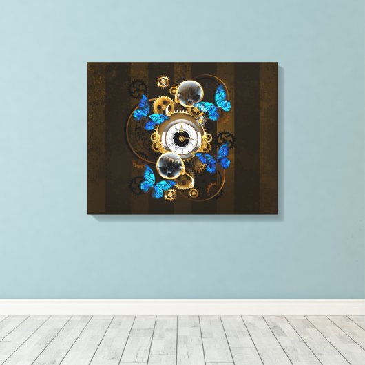 Stoomstijltandwielen en Blauwe Vlinders Canvas Afdruk (Insitu (Houten vloer))
