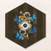 Stoomstijltandwielen en Blauwe Vlinders Kartonnen Onderzetters (Voorkant)