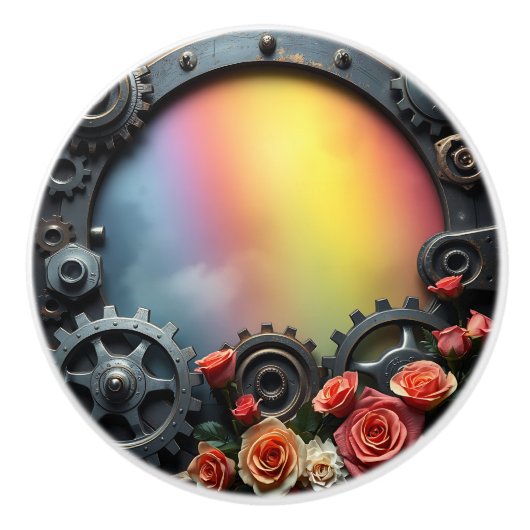 Stoomstijltandwielen, Rozen en Regenboog Keramische Knop (Voorkant)