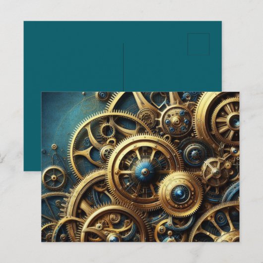Stoomtech Horloge Goudd en Turkoois Briefkaart (Voorkant / Achterkant)