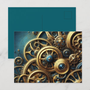 Stoomtech Horloge Goudd en Turkoois Briefkaart