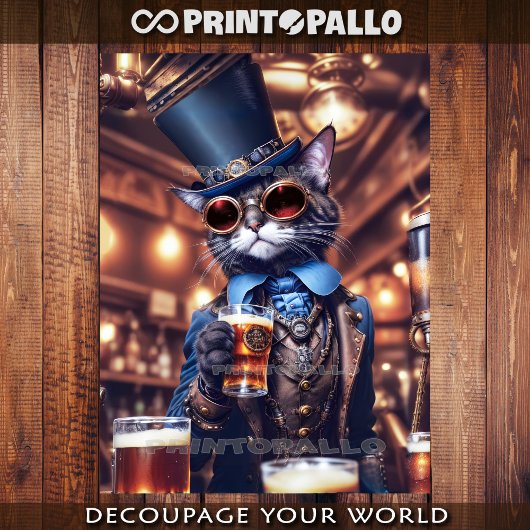 Stoomtech kat, hoed, brillen en bier - Decoupage Inpakpapier Vel