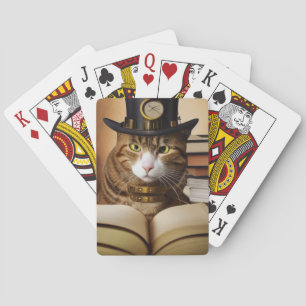 Stoomtech kat in een hoed met boeken pokerkaarten