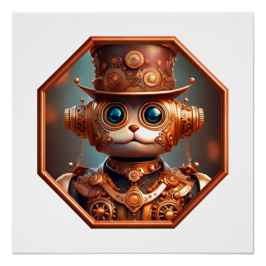 Stoomtech Kat Soldaat In 8-zijdig Bronzen Frame Perfect Poster (Voorkant)