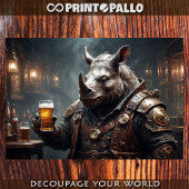 Stoomtech neushoorn in harnas, bier drinkend in ee tissuepapier