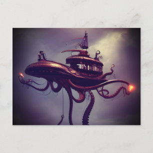 Stoomtech Octopus Schip Fantasie Kunst Briefkaart