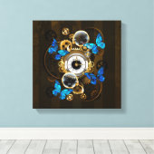 Stoomtech- tandwielen en blauwe vlinders canvas afdruk (Insitu (Houten vloer))