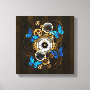 Stoomtech- tandwielen en blauwe vlinders canvas afdruk