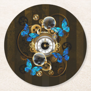 Stoomtech- tandwielen en blauwe vlinders ronde kartonnen onderzetter