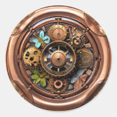 Stoomtech-tandwielen en bloemen koper en goud meta ronde sticker (Voorkant)