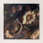 Stoomtech-tandwielen en witte bloemen legpuzzel (Horizontaal)