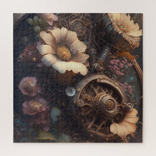 Stoomtech-tandwielen en witte bloemen legpuzzel (Verticaal)