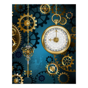 Stoomtech turkoois Achtergrond met Tandwielen Perfect Poster