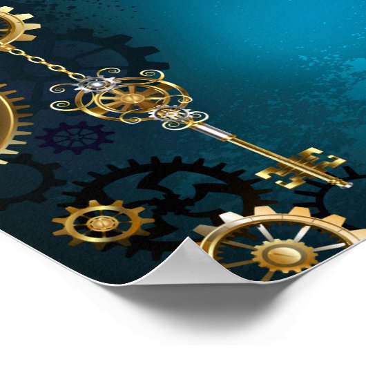 Stoomtech turquoise achtergrond met tandwielen poster (Hoek)