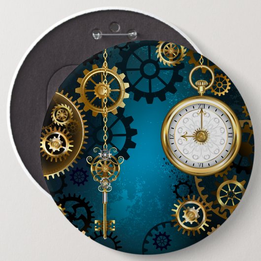 Stoomtech turquoise achtergrond met tandwielen ronde button 6,0 cm (Voorkant /achterkant)