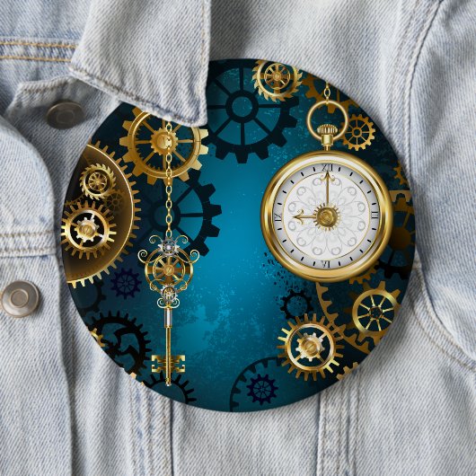 Stoomtech turquoise achtergrond met tandwielen ronde button 6,0 cm (In situ)