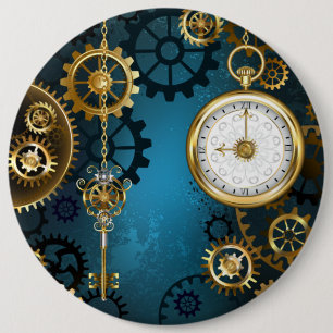 Stoomtech turquoise achtergrond met tandwielen ronde button 6,0 cm