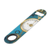 Stoomtech turquoise achtergrond met tandwielen speed flessenopener (Voorkant Gekanteld)