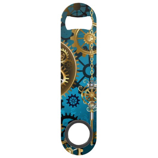 Stoomtech turquoise achtergrond met tandwielen speed flessenopener (Achterkant)