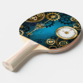 Stoomtech turquoise achtergrond met tandwielen tafeltennisbatje (Voorkant Gekanteld)