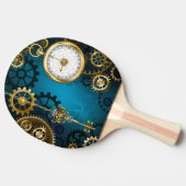 Stoomtech turquoise achtergrond met tandwielen tafeltennisbatje (Zijkant)
